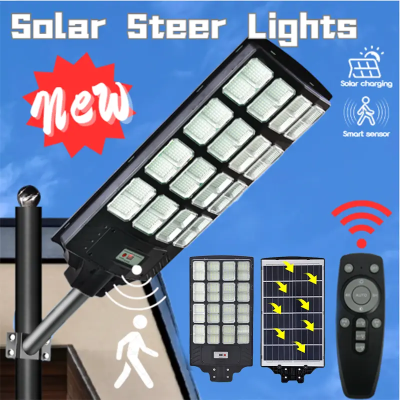 Large Solar Panel Security Street Lamp - 4500 Lumens Solar Flood Light, Human Sensor, 3 Modes, Auto Shut-Off, Dimmable, Dusk to Dawn, Remote-Controlled HD Security Lighting, Flood Lamp for Deck, Patio, Outdoor Parking