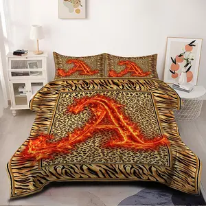 2/3Pcs Fiery 26 Letter Animal Print Comforter Set, Bold Leopard & Tiger Striped Bedding Set, Soft & Cozy Quilt Home Decor for Bedroom, Perfect for Teen Room, Dorm, and Guest Bedroom Aesthetic Transformation. 1 or 2 Pillowcase No Pillow Core.