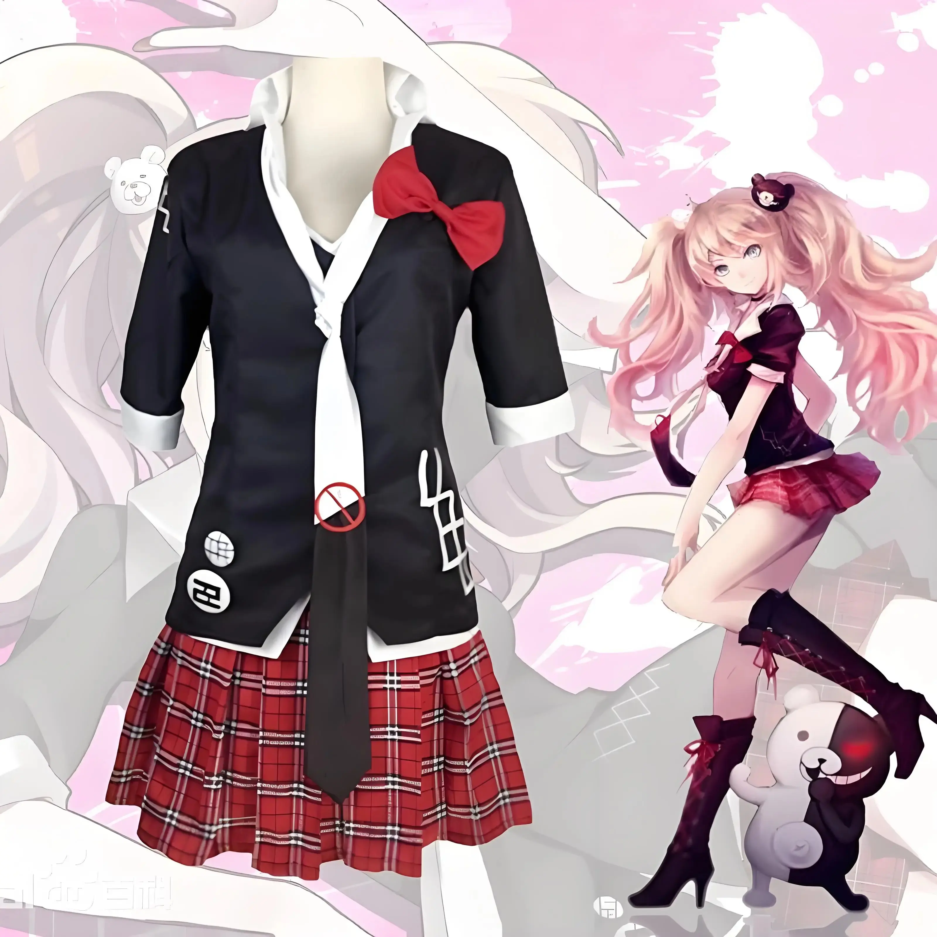 *Danganronpa* Anime Cosplay Costumes — Junko Enoshima Uniform, Maid Café Outfit, Skirt, Monokuma Headpiece Novelty and Prank Toys