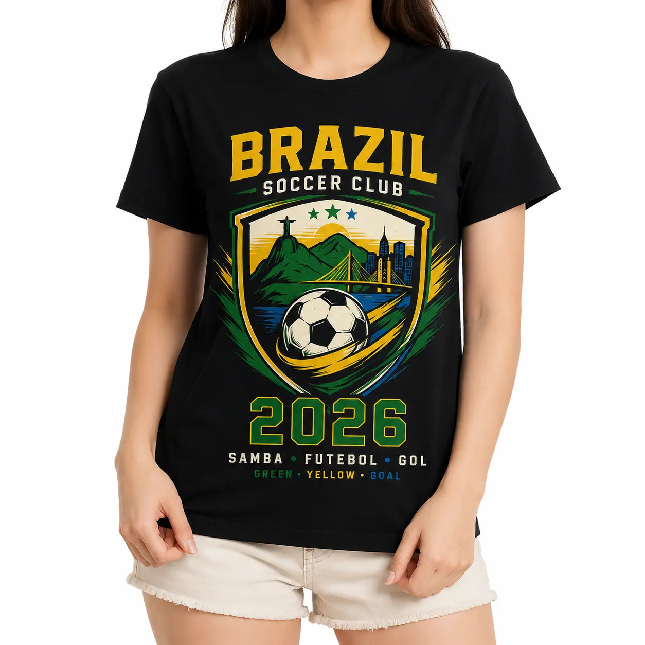 Brazil Soccer 2026 Graphic Tee, Samba Futebol Sports Fan Shirt, Vintage Oversized Cotton T-Shirt, Y2K Retro Men's Women's Graphic Tees, Brazil Inspired Black Streetwear Gift for Soccer Fans