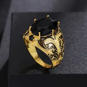 Vintage Men's Ring with Black Oval Artificial Rhinestones, Copper Craftsmanship & Retro Gold Plating, Daily Casual Single Ring, Unisex Ideal Jewelry Gift