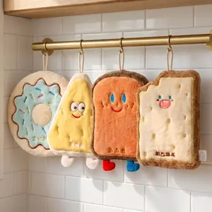 4-Pack Cute Hanging Hand Towels for Kitchen & Bathroom, Soft Coral Fleece Absorbent Decorative Towel with Loop, Funny Cartoon Food Design (Donut, Toast, Cheese) for Kids & Home Decor