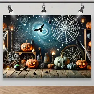 Polyester Halloween Photo Backdrop Banner - Pumpkin Lanterns, Starry Sky, Spider Web Designs, Mystical Fantasy Vibe for Birthday Party Decorations and Themed Photo Shoots