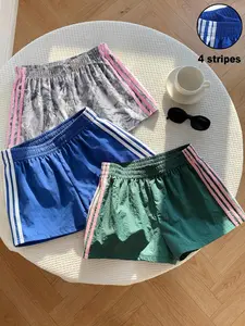 Trendy Comfortable 3-Piece Women's Casual Loose Short Pants, Side Stripe Design, Striped, Elastic Waist, Perfect for Spring Summer Carnival Activities, Casual Fashionable Shorts