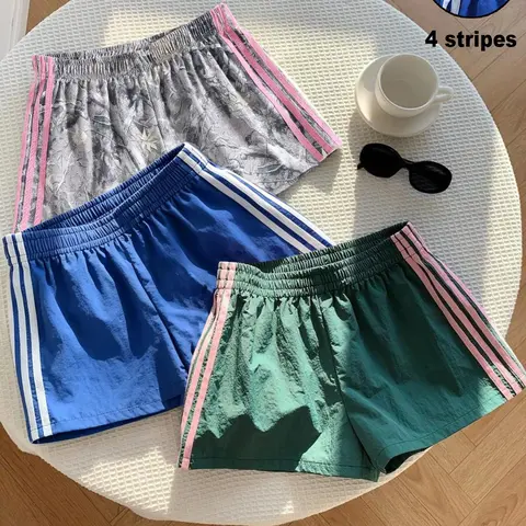 Trendy Comfortable 3-Piece Women's Casual Loose Short Pants, Side Stripe Design, Striped, Elastic Waist, Perfect for Spring Summer Carnival Activities, Casual Fashionable Shorts