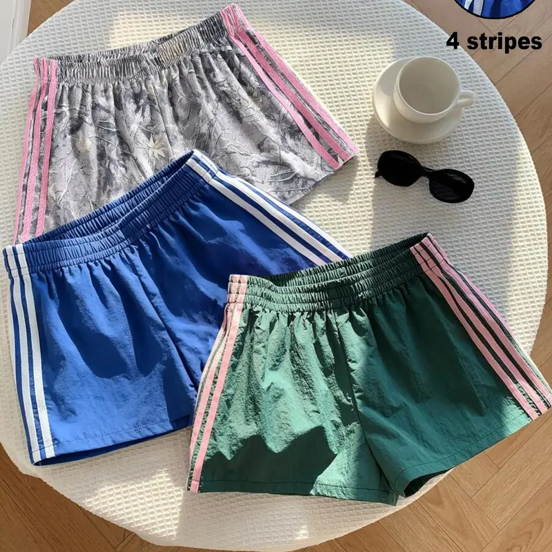 Trendy Comfortable 3-Piece Women's Casual Loose Short Pants, Side Stripe Design, Striped, Elastic Waist, Perfect for Spring Summer Carnival Activities, Casual Fashionable Shorts