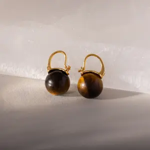 Tiger's Eye Dome Drop Earrings by Caitlyn Minimalist - Round Brown Gemstone Hoop Earrings in Gold & Silver - Boho Dangle Earrings - Nature Jewelry - Daughter Gift