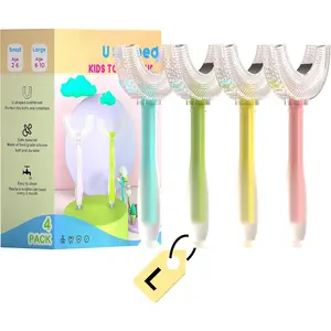 U Shaped Kids Toothbrush 4 Pack U-Type Whole Mouth Toothbrush for Kids 360-Degree Soft Bristles Food Grade Silicone Safe Material Easy to Use with Suction Cup Base Oral Bristle Durable