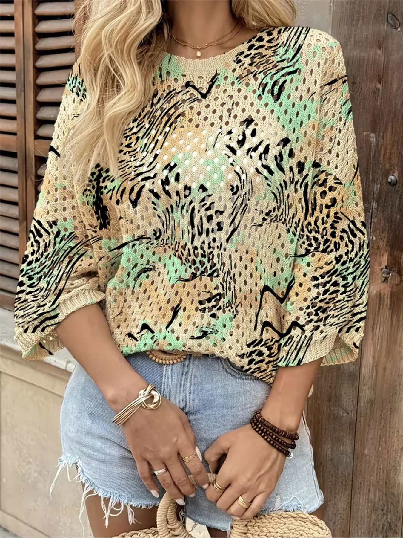 Spring/Summer style, crew neck hollow loose batwing sleeve cardigan, color-block leopard print women's knit top, vacation style, casual and elegant for daily commute, women's vest cardigan, bikini cover-up, bohemian vacation style beach cover-up, Knitwear