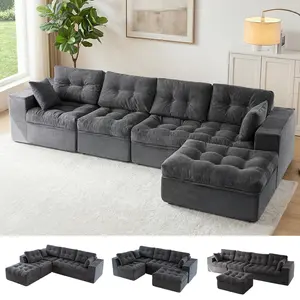 MAXYOYO 132" L Shaped Modular Sectional Sofa with Ottoman, Cloud Boneless Couch with Layered Cushion, Upholstered Sofa in a Box, Flexible Module Combination for Living Room, No Assembly