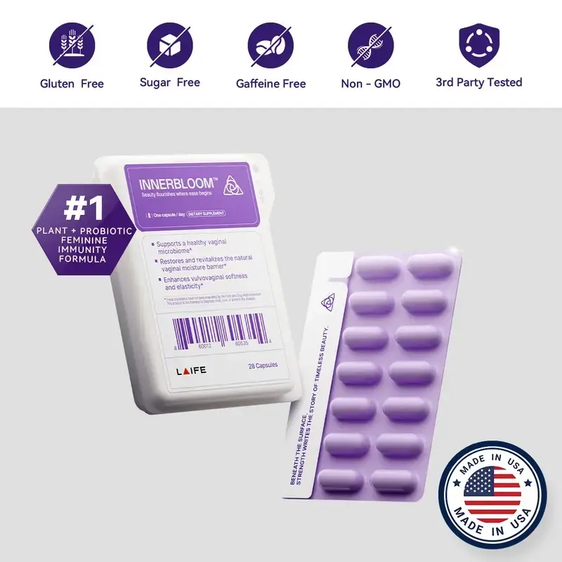 Laife InnerBloom–Vaginal Immunity Support-The World’s First Plant- Urinary Wellness, Digestive Balance, Immune Support & Natural Energy – with Probiotics, Damiana, Flaxseed, Cranberry Extract, Urolithin A & Creatine  ( 28 Capsules )