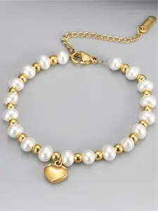 14K Gold Plated Pearl Beaded Heart Charm Bracelet for Women - Dainty Minimalist Imitation Pearl & Gold Bead Chain Bracelet Romantic Everyday Jewelry Gift