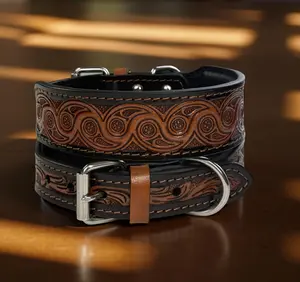 Leather Dog Collar Full grain Leather Handmade Tooled Carved 1.5" wide