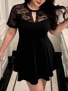 Plus Size Women's Round Neck Lace Patchwork Shoulder Short Sleeve Waist Cinching Slimming Dress, Casual Fashion Summer