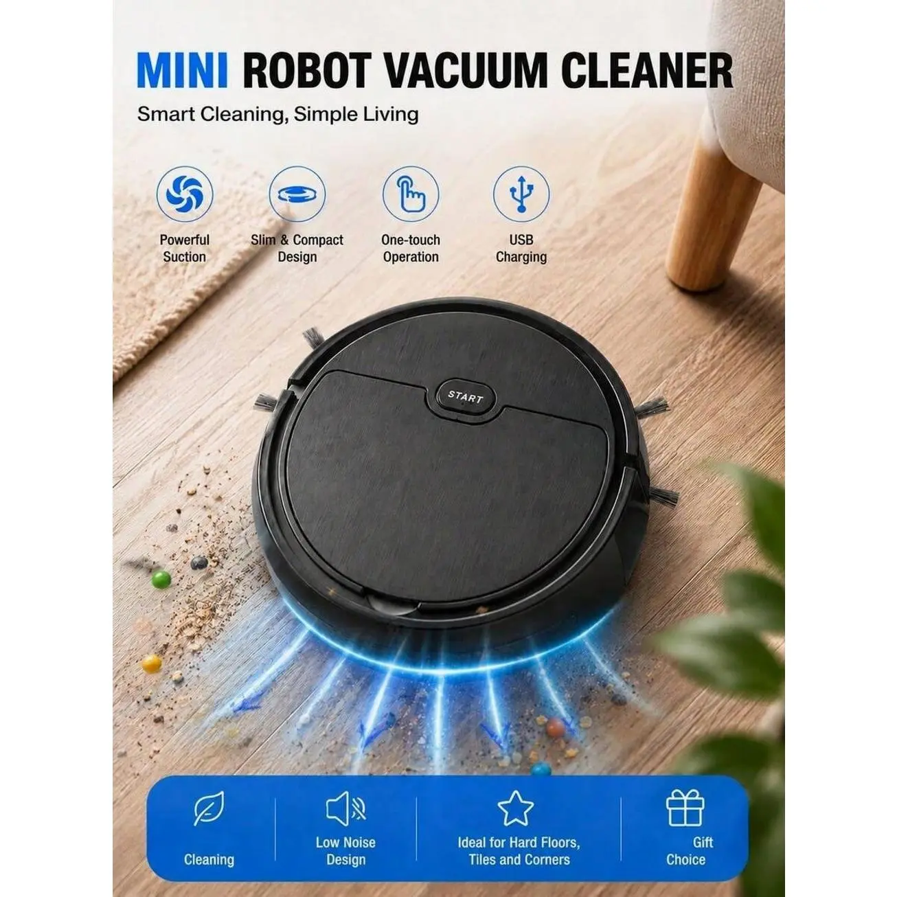 Smart Robot Vacuum Cleaner, USB Rechargeable Automatic Sweeping and Mopping Machine for Pet Hair, Hard Floors, and Daily Cleaning