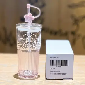 Hot Starbucks Cherry Blossom Pink Gradient Clear Fashion Glass Straw Mug Gift