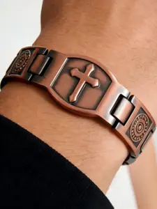 Fashion Vintage Copper Unisex Hand Chain Bracelet, Magnetic Therapy Adjustable Size, Elegant Floral Design, All Seasons Jewelry