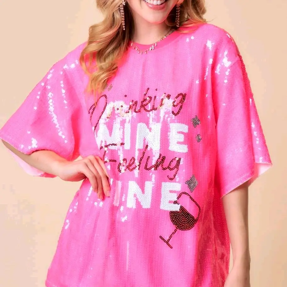 Oversized Drinking Wine Feeding Fine Sequin Top t shirt