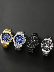 Men's Stainless Steel Geneva Quartz Watch Set, Round Dial, Zinc Alloy Case, Electronic Movement, Non-Waterproof, Business Sport Casual Wristwatch