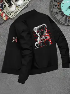 Men's Teddy Bear Print Fitted Jacket, Full Zip Closure, Casual Winter Coat, Stand Collar with Pockets, Casual Fashion Jacket