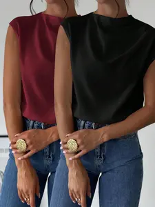 Privé Women's Chic Elegant Simple Office Commuter White Stand Collar Asymmetric Shoulder Pleat Capped Sleeve Fitted Blouse, Shirts, Casual Top