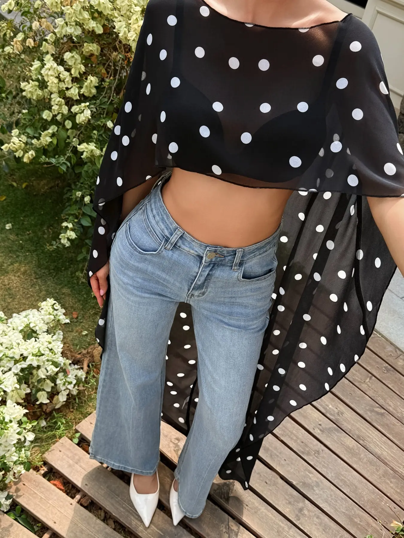 Black Polka Dot Sheer Chiffon Crop Women Top Long Cape Sleeve Backless See Through Blouse Sexy Layering Cover Up Lightweight Beach Vacation Outfit Elegant Party Clubwear Streetwear Fashion Top Womenswear