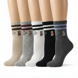 Auravia Women's Cute Teddy Bear Cotton Quarter Ankle Socks 5 Pairs Striped Patterns Breathable Sweat-Wicking Preppy Style Everyday Wear Soft Comfortable Stylish Casual Womenswear