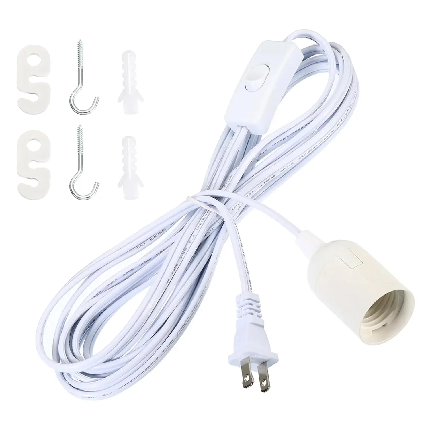 Plug in Pendant Light Socket Kit - 16Ft  Light Lantern Cord Lamp Kit, E26/E27 Bulb Socket Extension Cord with /Off , Socket Rings (White)