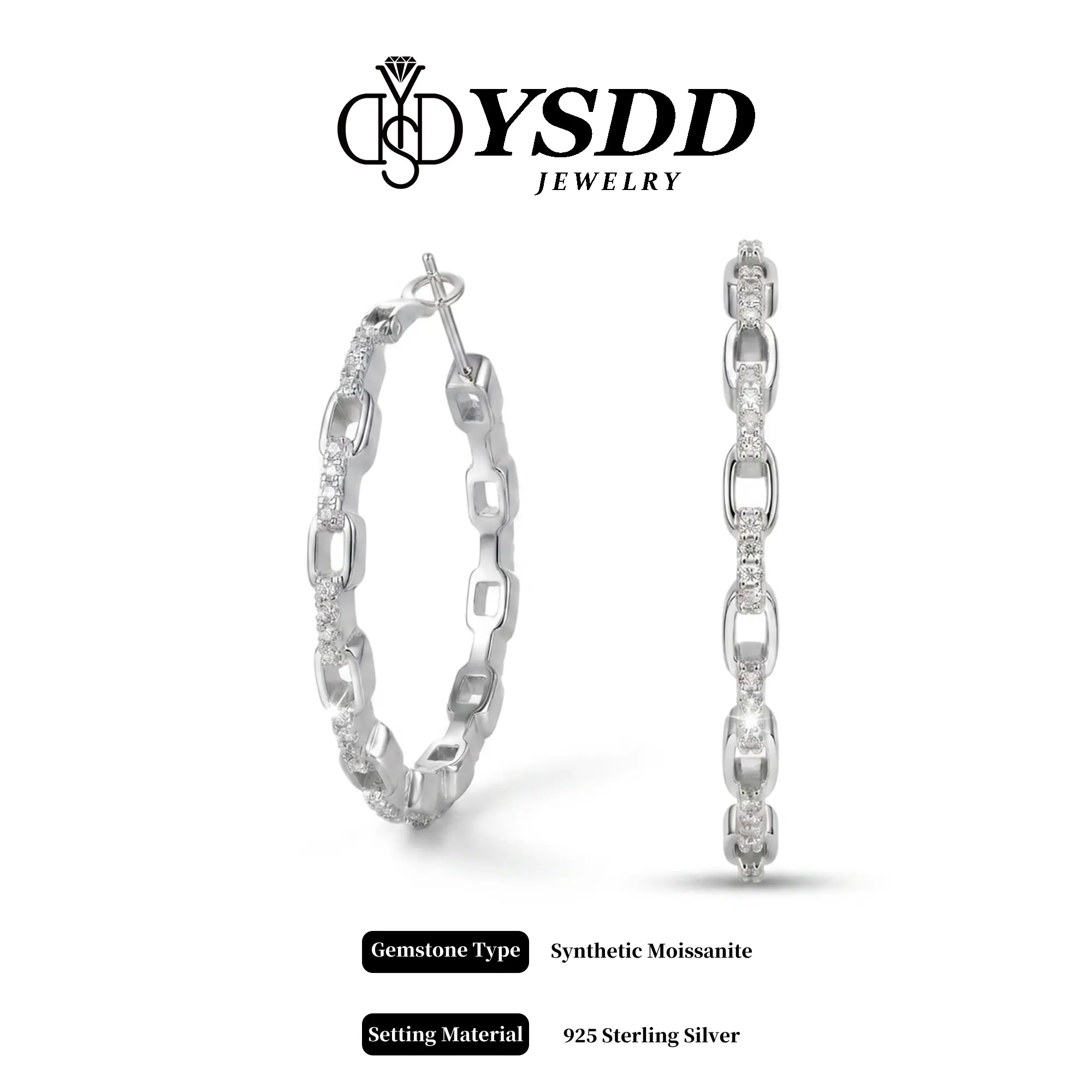 【#697】Deluxe 3CM 9.6g Chain Link Huggie vvs Synthetic Moissanite Earrings in 925 Sterling Silver
