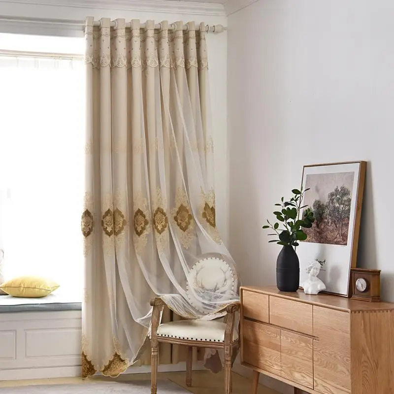1 Count European Style Embroidered Double Layer Curtain, Blackout Decorative Window Curtain, Single Panel Curtain, Suitable for Living Room Bedroom Ho