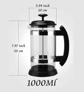 French Press Coffee/Tea Brewer - Glass & Steel Design, 1000ml Capacity, 10cm Diameter, Black Handle & Lid