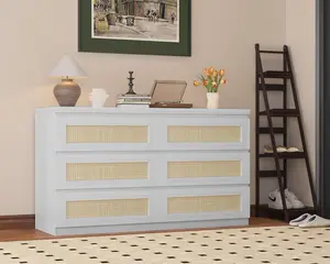 Modern Rattan 6-Drawer Dresser for Bedroom - Slim Wooden Chest of Drawers, Durable Freestanding Storage Organizer Cabinet for Living Room and Entryway,