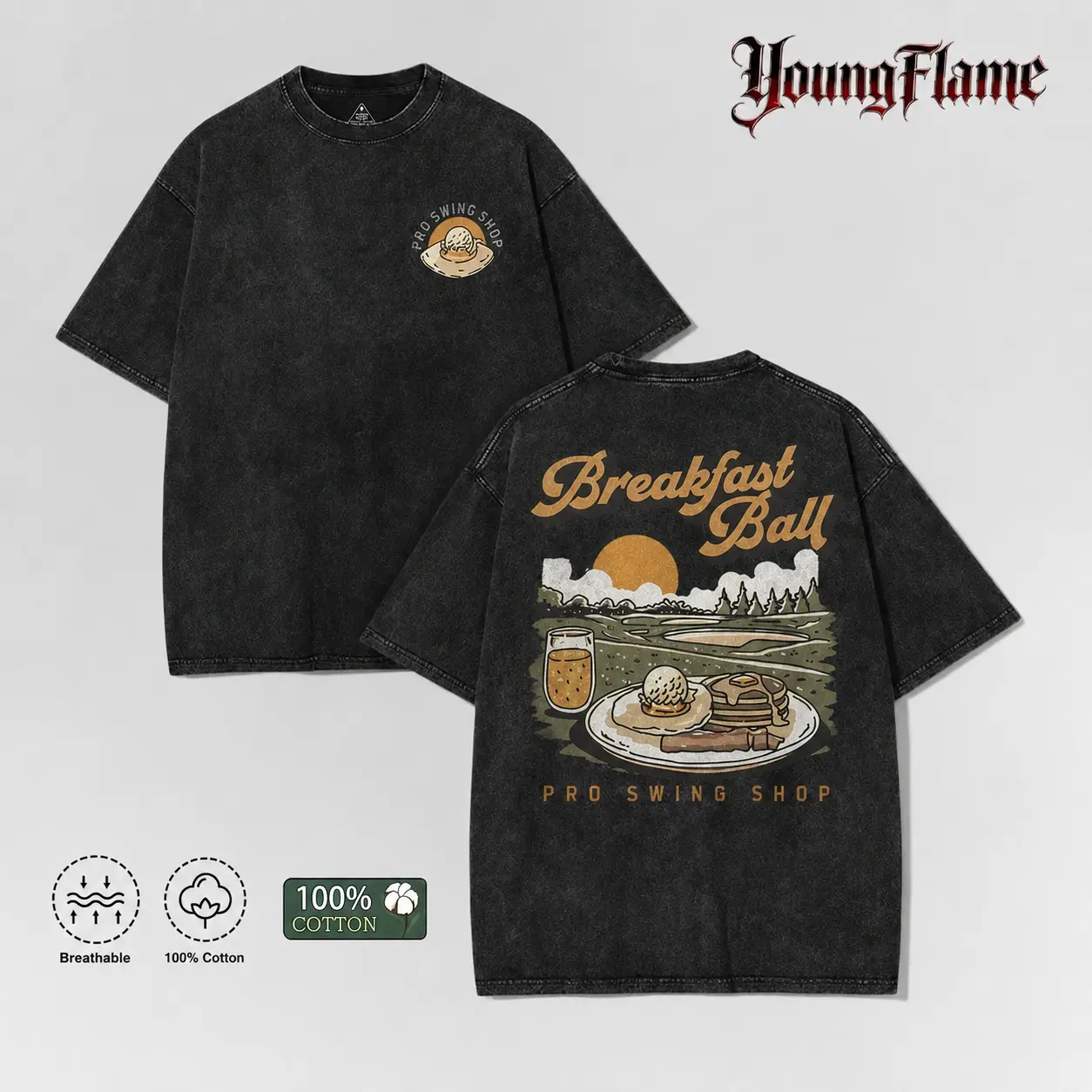 100% Cotton Morning Golf Pancake Graphic Tee Country Club Aesthetic Streetwear Y2K Clothing Washed Black shirts unisex casual streetwear tee trendy short sleeve top acid wash clothes loose fit casual shirt oversized t-shirt