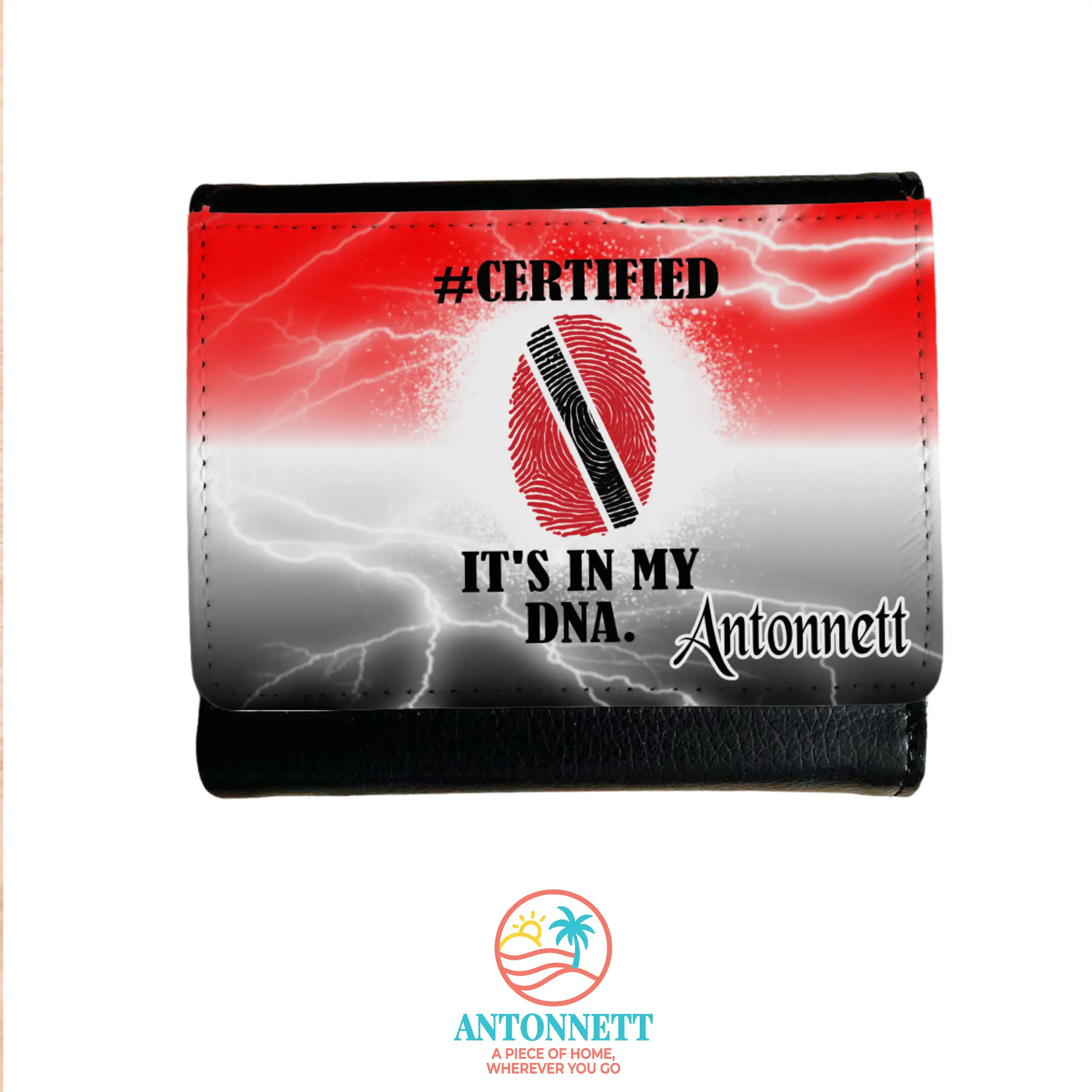 Antonnett “Certified: It’s In My DNA” Personalized PU Leather Tri‑Fold Wallet – 4.2x4 in., Compact Everyday Wallet, Caribbean‑Inspired Design with Custom Name in 12 Fonts