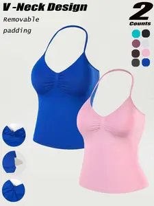 Women's Halter Sports Vest, Detachable Padded Bra, V-Neck Backless Outerwear, High Elastic Fabric, Fashion Workout Top, Yoga Long Vest