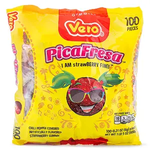 Vero Pica Fresca Chili Coated Strawberry Candy Gummies (100 pieces), Mexico Chewing Gummies candy