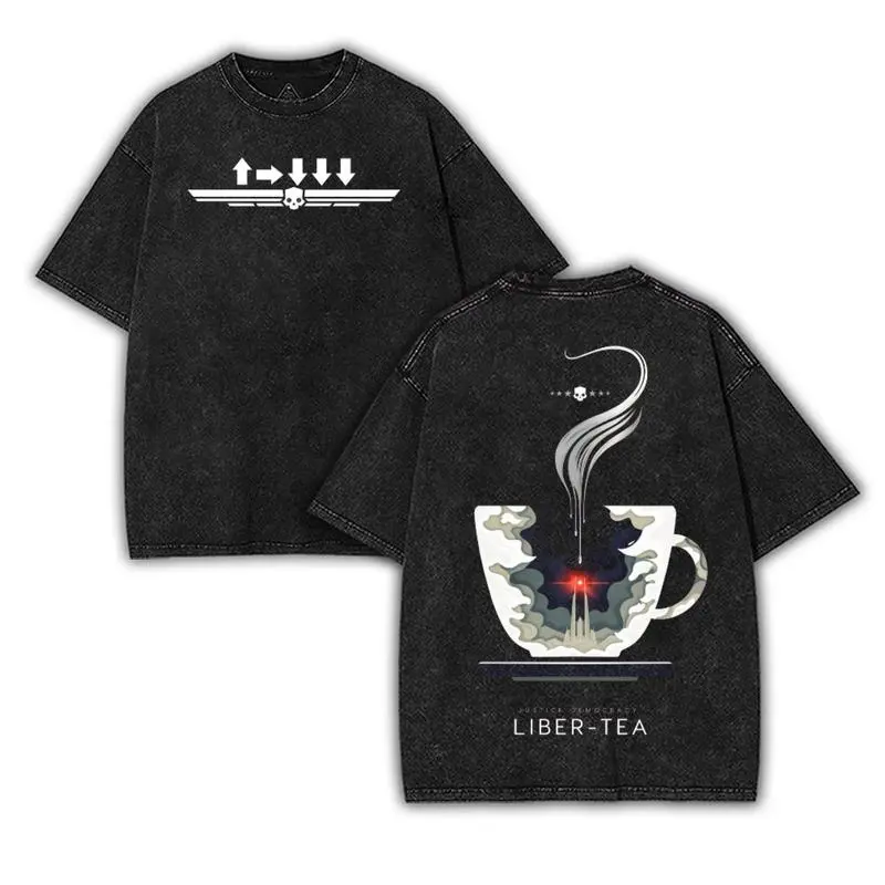 Helldivers 'A cup of liber-tea' Front and Back Washed T-Shirt Oversize Unisex, Double Printed Survival Horror Streetwear Game Merch Gift For Fan