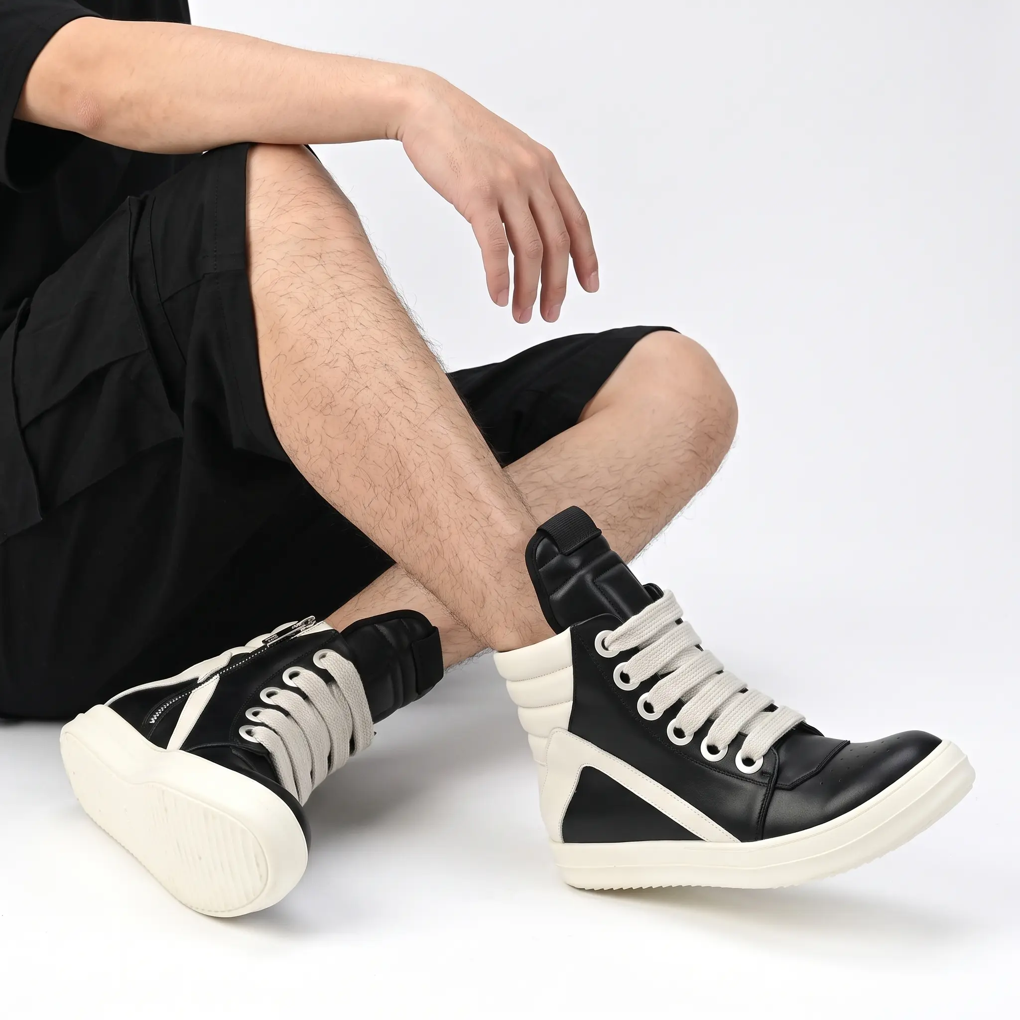 Men High Top Sneakers Genuine Leather Thick Sole Height Increasing Inverted Triangle Design Chunky Laces Versatile Casual Skate Shoes Couple Style Streetwear Fashion Trendy Footwear