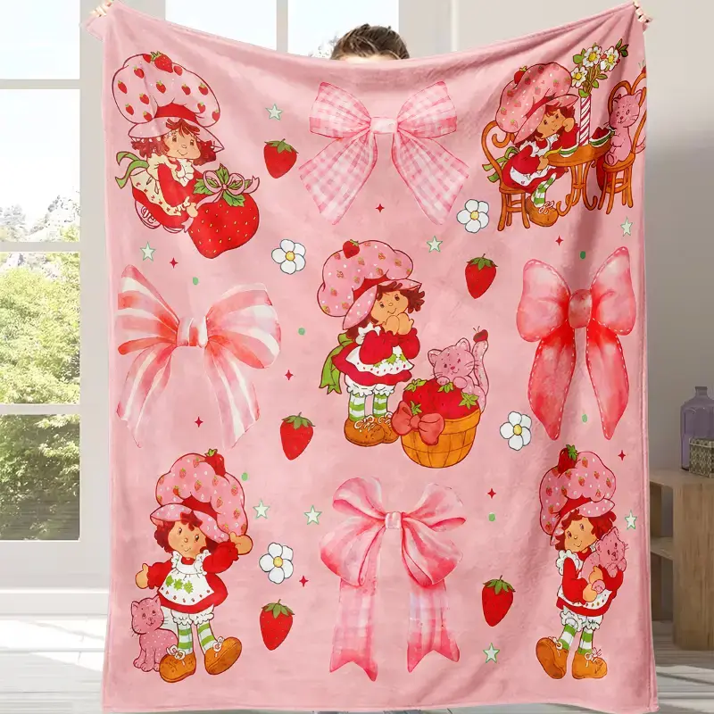 Soft Flannel Strawberry & Cartoon Blanket - Soft Touch, Fluffy Surface Polyester Fiber Throw, Multi-Purpose Home Decor for Bedroom-Sofa, Cute Gift for Teen Girls