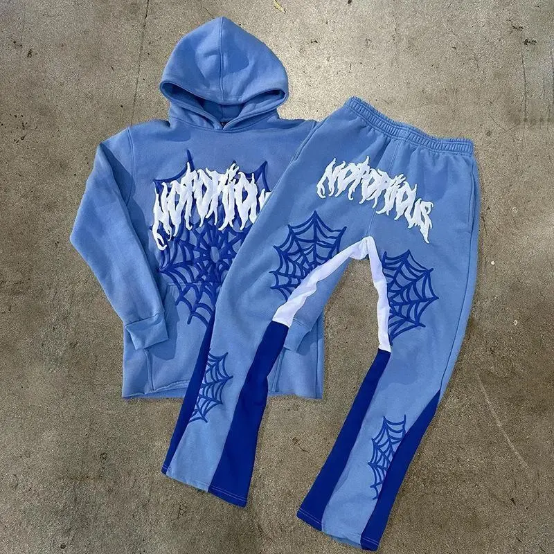 Blue long-sleeve suit 2025 spring and autumn new fashion hooded bell-bottom pants suit