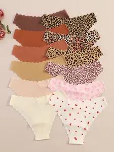 12 Pcs Set Women's Breathable High Elastic Low Waist Panties, Heart & Leopard Pattern, Fitted Comfort All Seasons