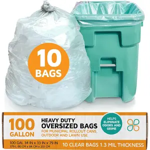 Heavy Duty Trash Bags - Clear Garbage Bags - Plastic Trash Bags for Large Rolling Trash Bins - Tall Trash Bags - 100-Gallon Large Kitchen Trash Bags, 1.3 Mil, 67"x79" (10-Count)