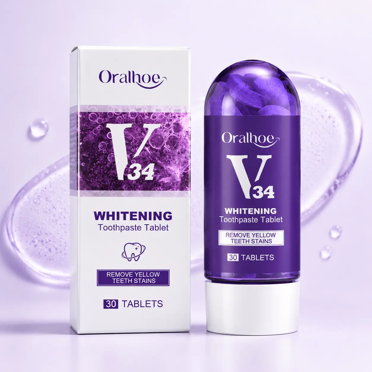 Oralhoe V34 Purple Whitening Toothpaste Tablet 30Pcs, Chewable Teeth Whitening Tablets, Remove Stains Bad Breath Travel Oral Care