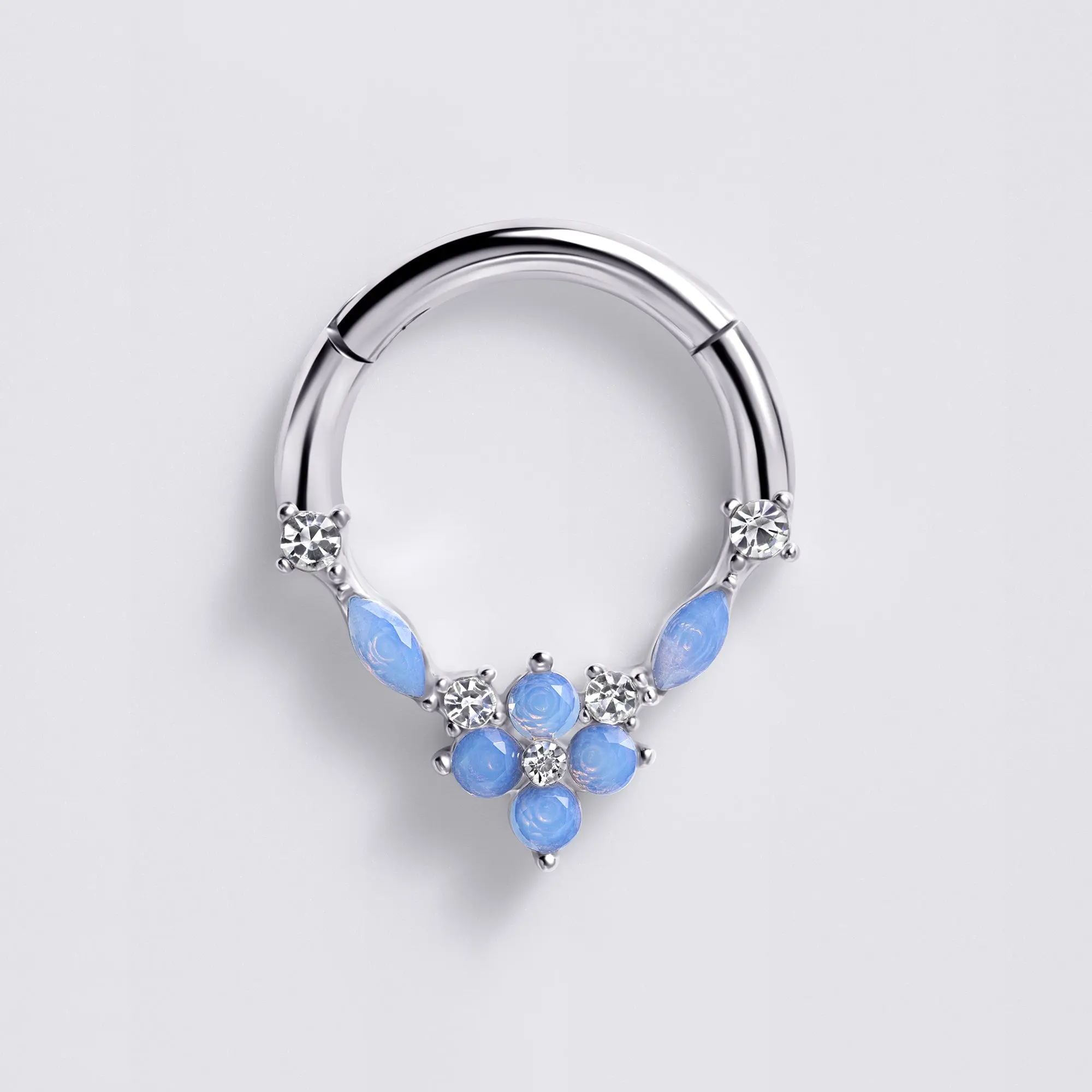 Blue Opal Flower Septum Ring, 10mm, 14g, 16g Costume Body Jewelry for Fashion Accessory Enthusiasts, Flowers, Comfortable, Surgical Steel Jewelry, Everyday Wear, Hinged Clicker, Marquise Gems, Nickel-Free, 14G Septum, Blue Marquise Gem