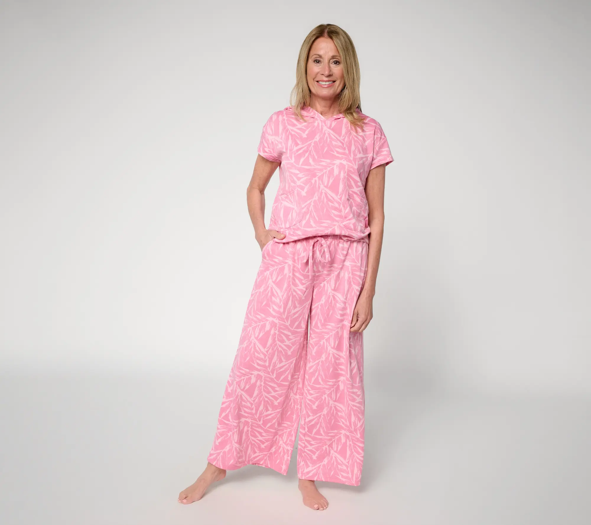 MUK LUKS Regular French Terry Hooded Top & Wide Leg Pant Lounge Set
