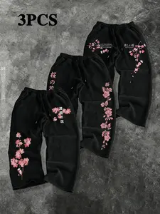 Men's Cherry Blossom Pattern Drawstring Straight Leg Casual Pants 3-Pack, Athleisure Design, Adjustable Waist, Suitable for Outdoor Sports and Fitness