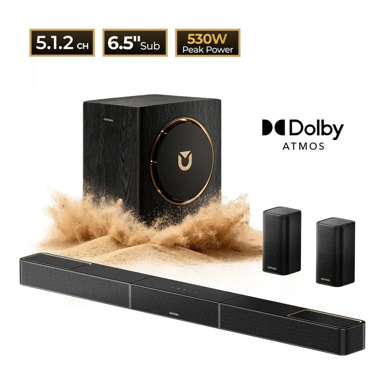 Limited Sale-ULTIMEA Skywave X40 5.1.2ch Wireless Surround Sound System for TV, Home Theater, Soundbar for Smart TV with Dolby Atmos, 530W Soundbar with Wireless Subwoofer, Strong Bass, 4KPassThrough, HDMI eARC, BT 5.4, App Control ,Speaker, BlackFriday