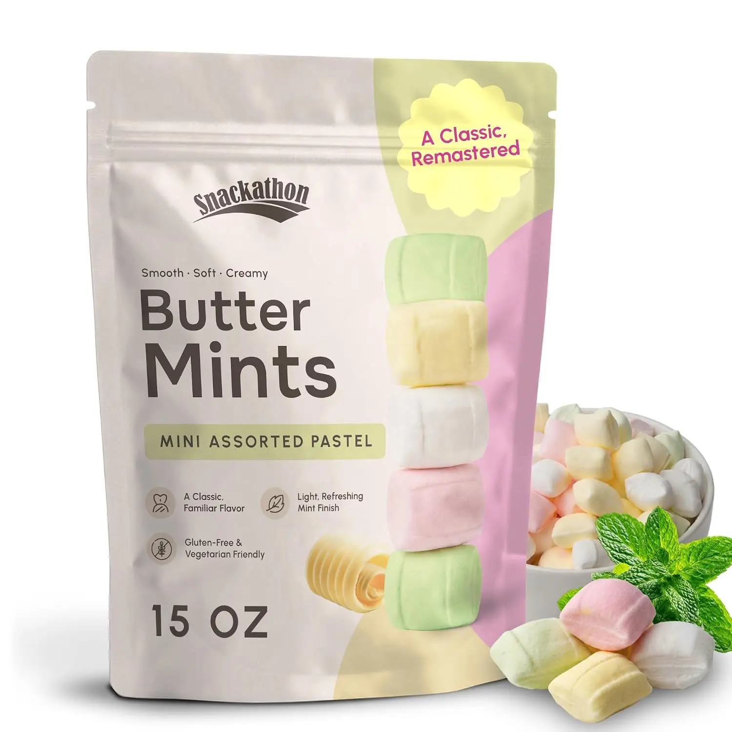 Snackathon Mini Assorted Pastel Buttermints, Bulk After-Dinner Mints. Resealable Bag, Soft & Creamy Pillow Butter Mints, Assorted Pastel Colors, Made for Weddings, Dinners & Parties
