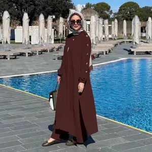 Exclusive | LuxuriousMuslim — In stock new Muslim women’s clothing set: loose-fit casual fashion with a round neckline, gold buttons, puff sleeves, and pockets