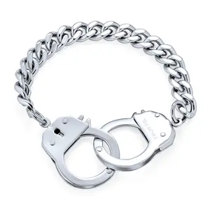 Biker Jewelry Couples Handcuff Statement Bracelet Cuban Curb Chain Stainless Steel 8, 8.5 Inch